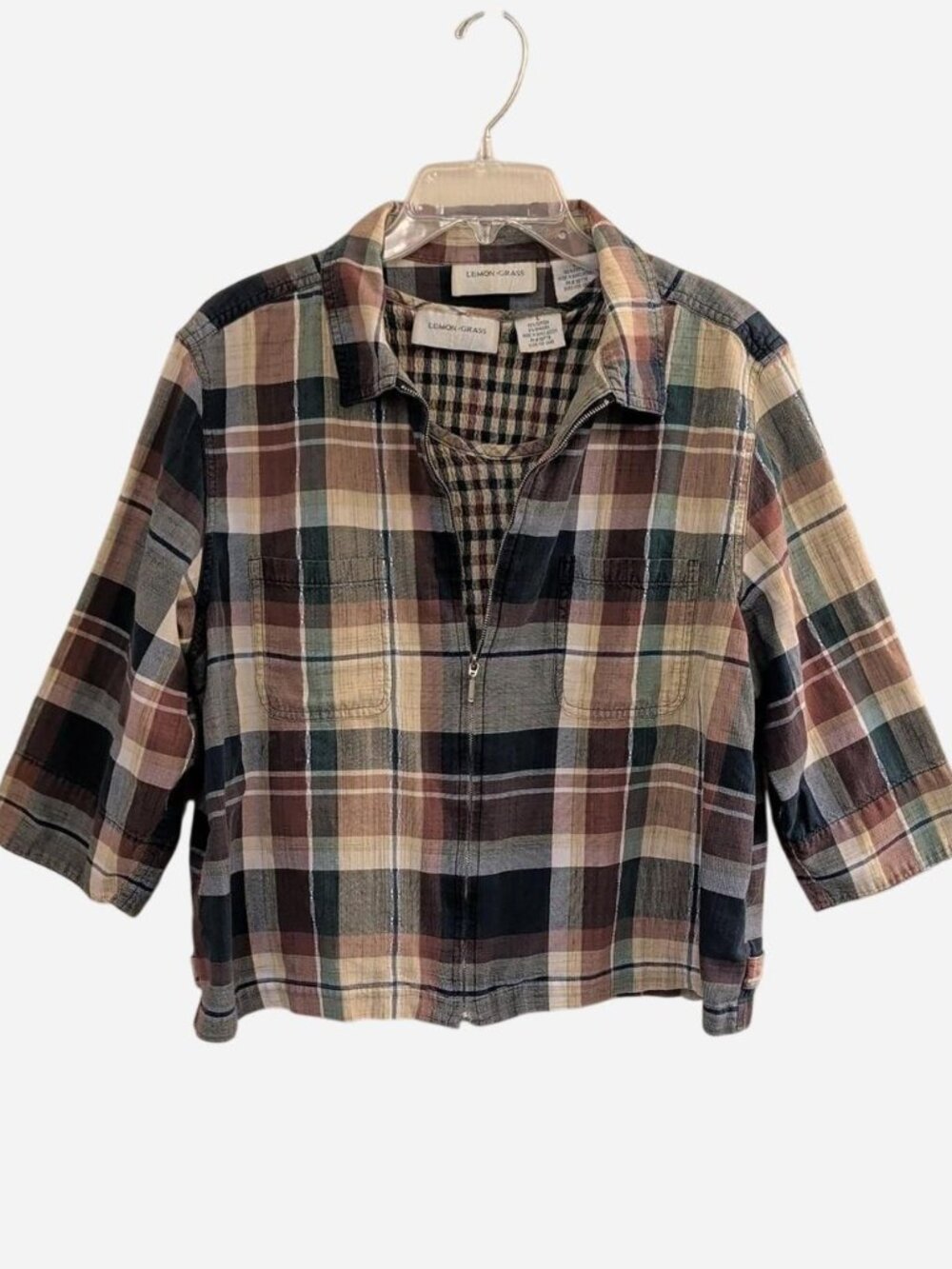 Lemon Grass Women's Vintage Cropped Plaid Zip Jacket with Detachable Tank Size L
